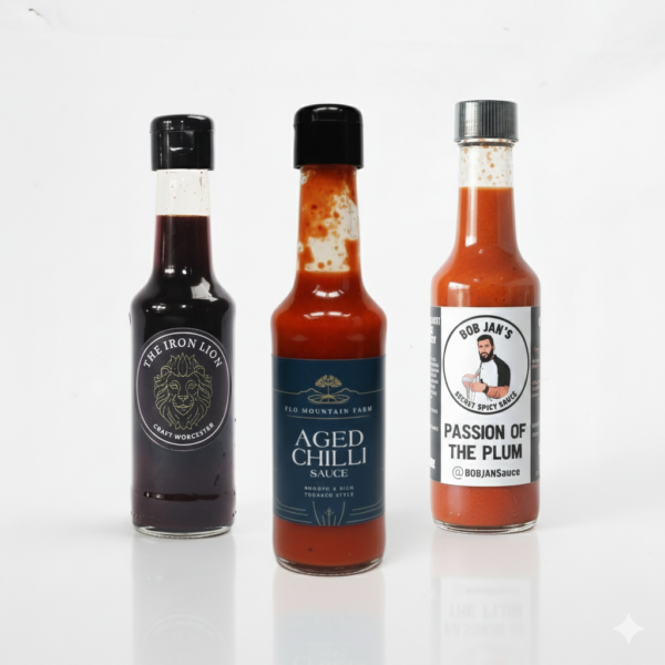 November 2025 box Iron Lion Worcester Sauce, Bobjan's Passion of The Plum Chilli Sauce & Flo Mountain Farm Aged Chilli Sauce